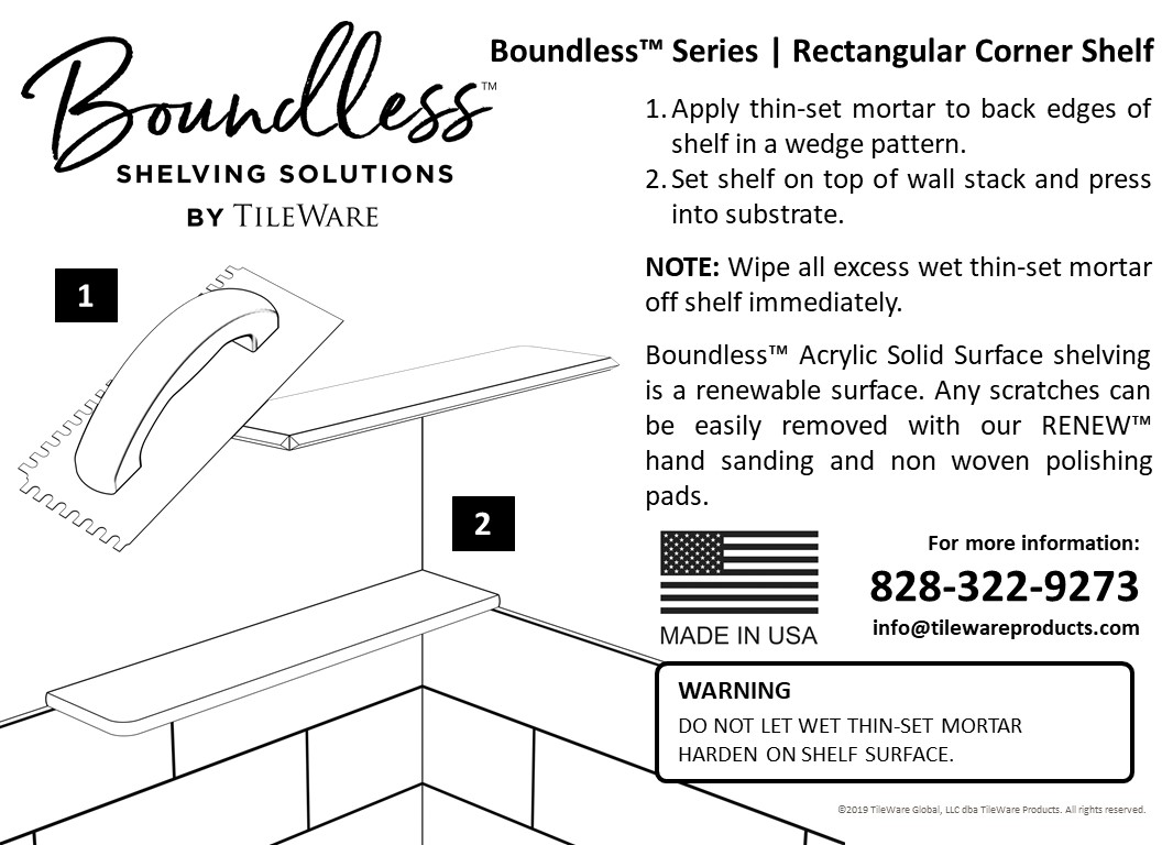 Boundless Rectangular Corner Shelf with Shower Hook for Tile